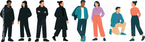 Modern casual people characters in flat vector style, diverse men and women outfits and poses, hoodies coats and jackets, lineup with standing and kneeling on clean background