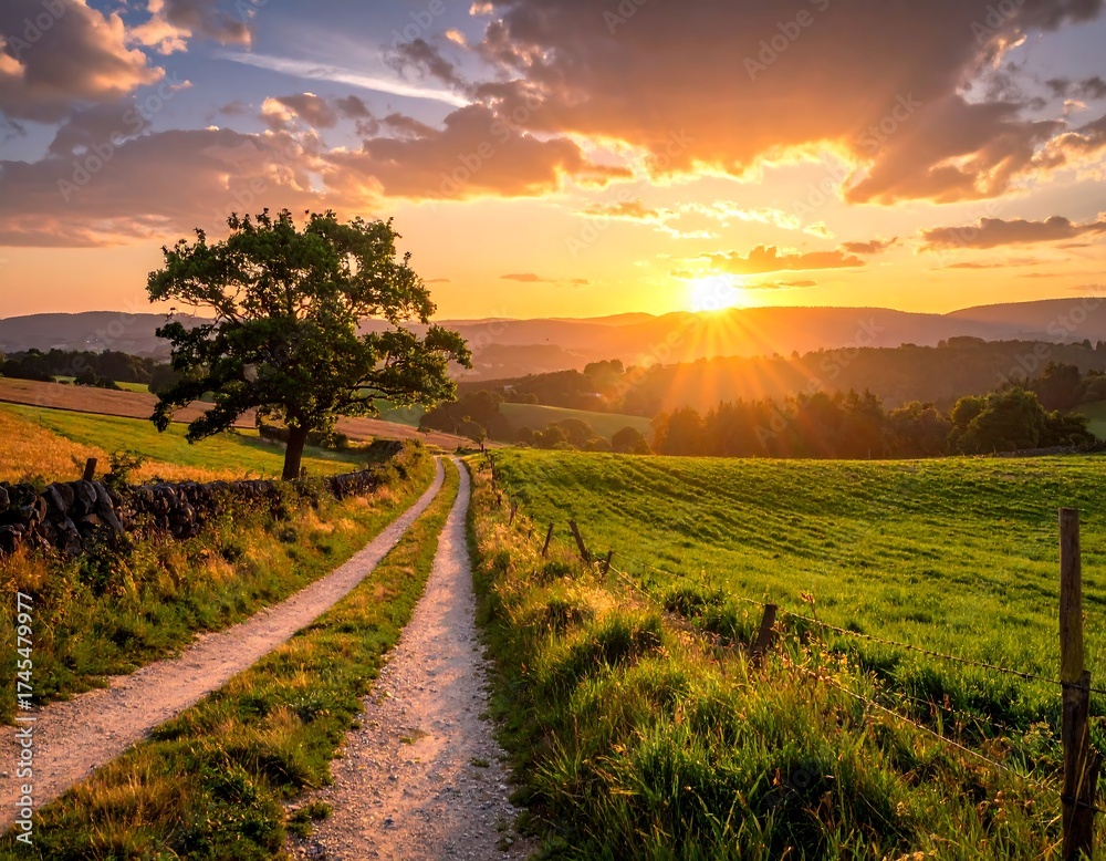 Fototapeta premium Scenic sunset over rural landscape. Dirt road leads into hills