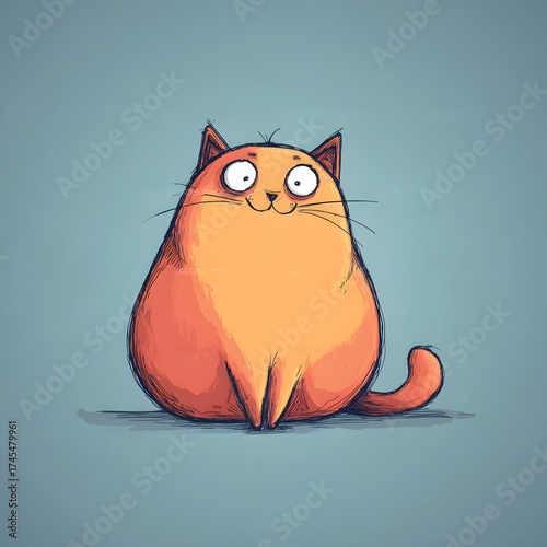 A cartoon illustration of an orange cat with big eyes sitting on a gray surface looking forward