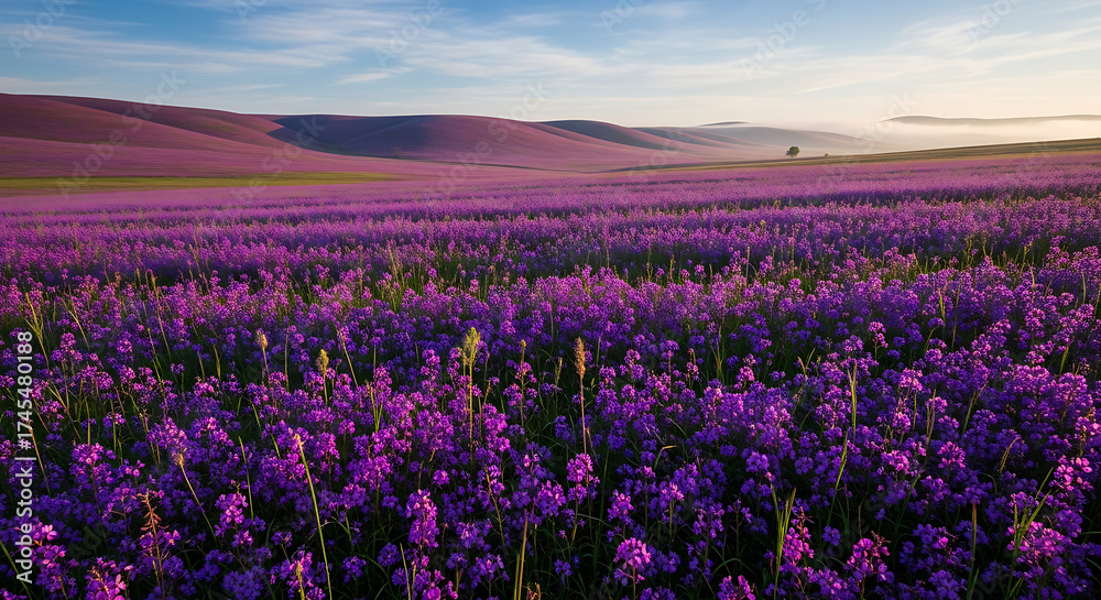 Naklejka premium Expansive Landscape of Purple Flowers and Rolling Hills at Sunrise