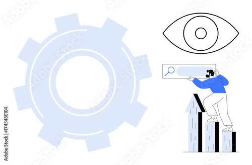 Gear with eye above a man climbing bar charts while holding a search bar. Ideal for growth, analytics, innovation, optimization, strategy, exploration, and progress. Simple flat metaphor