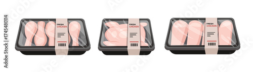 Fresh Chicken Packaging Illustration Set. Raw Chicken Packaging Design. Chicken Meat Tray Collection. Packaged Raw Chicken Drumsticks.