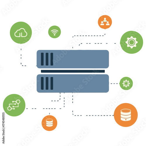 Server Infrastructure Connecting to Cloud, Network, and Data Management