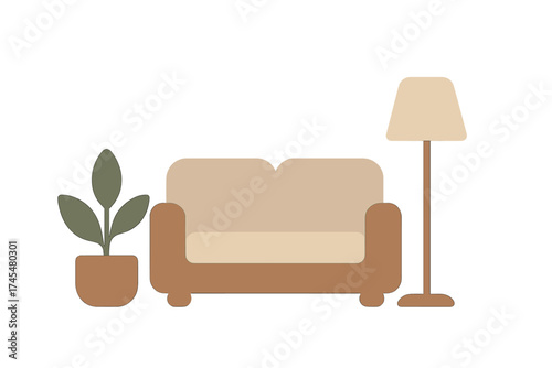 Minimalist living room interior with sofa floor lamp and potted houseplant