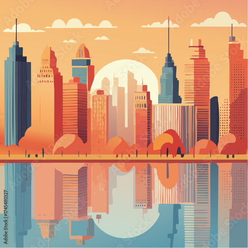 City skyline reflection over water at sunset