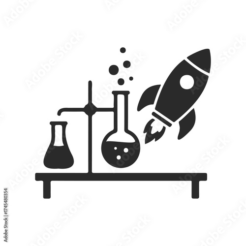 Science experiment icon with chemistry flasks and rocket symbol on stand