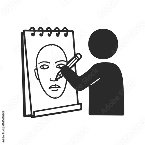 Silhouette of artist drawing a face on sketchpad