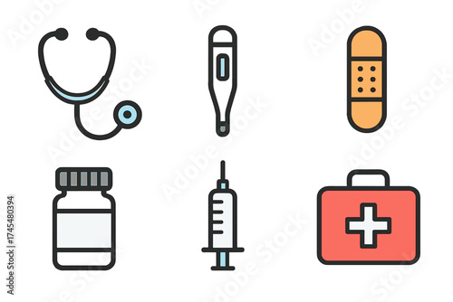 Set of essential medical tools including stethoscope thermometer syringe and first aid kit