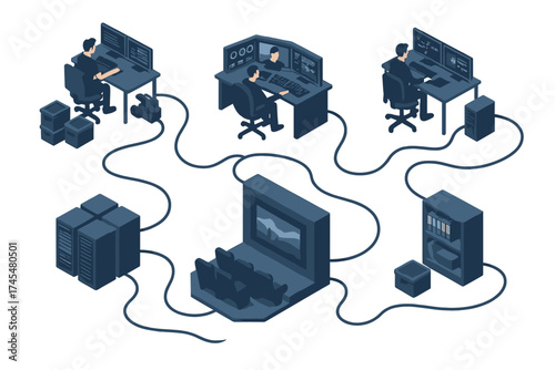 Digital media production network connecting workstations, storage servers, and viewing theater