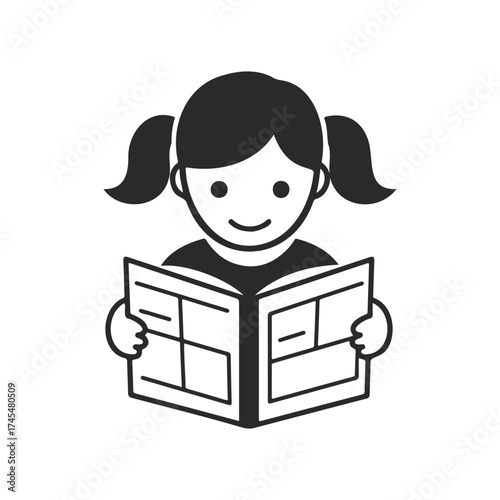 Smiling young female child reading a book illustration
