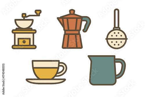 Vintage style icons depicting coffee and tea making equipment and serving items