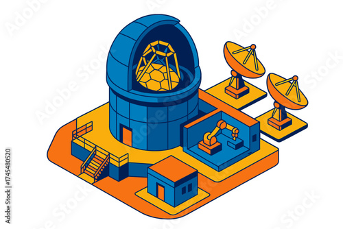 Modern astronomical research facility complex with telescope dome and communication antennas