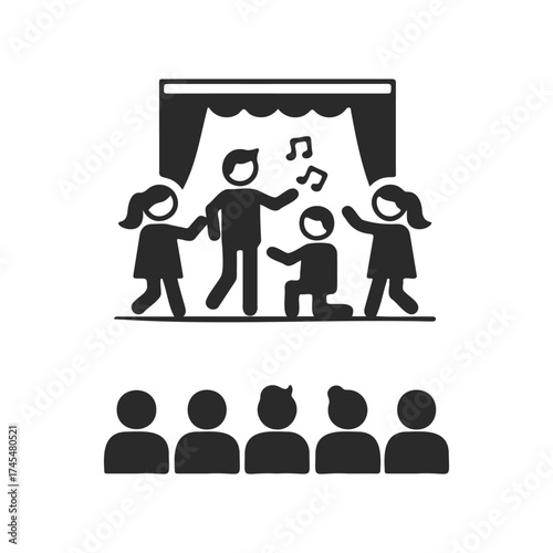 Group of children performing on stage with audience watching