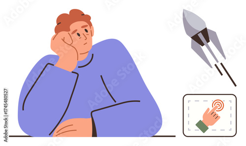 Person leaning on hand, rocket soaring upward, and click interface suggesting innovation, creativity, potential, exploration, problem-solving, future technologies and imagination. Simple flat