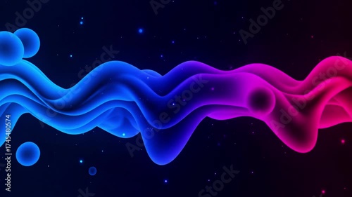 Abstract fluid wave flowing gradient blue to pink neon light particles glowing dark background seamless loop motion