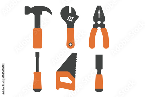 Six essential household repair and maintenance tools isolated on a white background