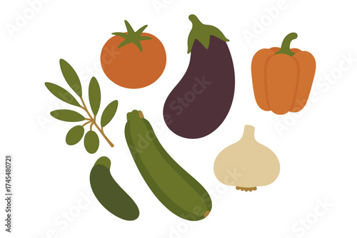 Assortment of healthy raw produce including tomato eggplant zucchini bell pepper and garlic