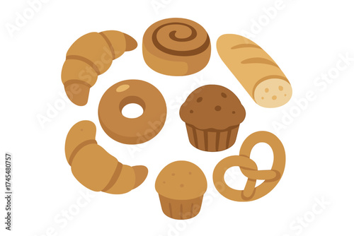 Assortment of fresh baked goods including croissant, muffin, pretzel, donut, and baguette