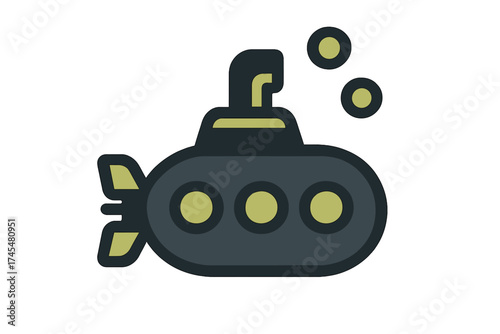 Dark stylized submarine icon with periscope and bubbles for underwater exploration
