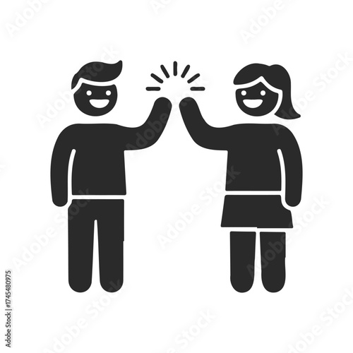 Cartoon male and female characters giving a high five in black and white illustration