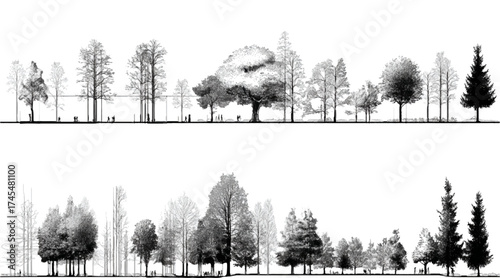 Vector Watercolor Green Tree & Forest Side View for Landscape, Architecture, and Garden Design – Spring Botanical Element Isolated on White water vector design set 