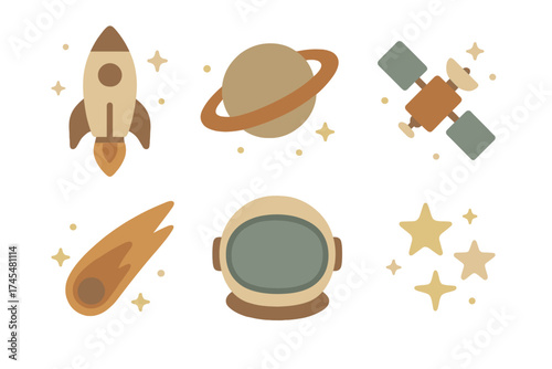 Cute space exploration objects: rocket, planet, satellite, comet, and astronaut helmet