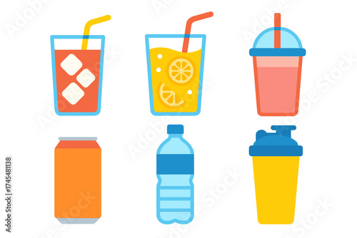Colorful collection of various beverage containers including glasses, plastic bottle, soda can, and shaker