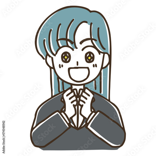 シンプルかわいいスーツ姿の女性のバストアップイラスト素材（ワクワク）