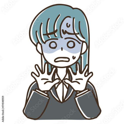 シンプルかわいいスーツ姿の女性のバストアップイラスト素材（うろたえる）