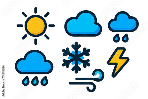 Colorful weather forecast icons set showing sun, clouds, rain, snow, wind, and lightning symbols