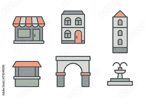 Stylized collection of town and city elements featuring shop facade, residential building, clock tower, arch, and fountain