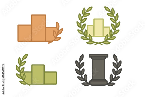 Collection of tiered winner podiums, laurel wreaths, and classic pedestal symbols for competition success