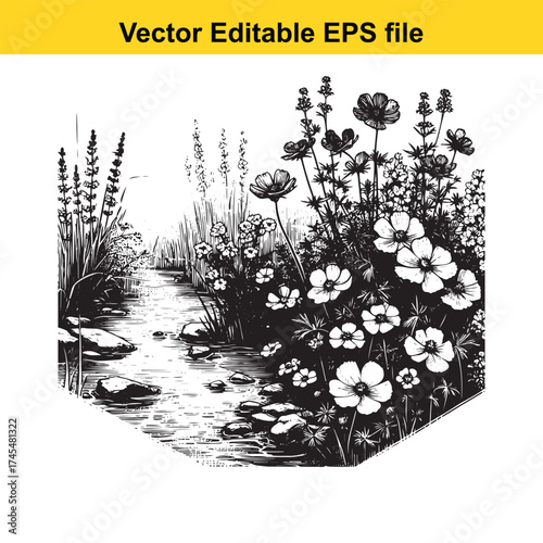 Vector art of stream with flowers and reeds