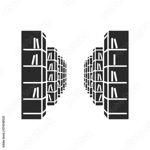 Symmetrical black and white library bookshelves with books