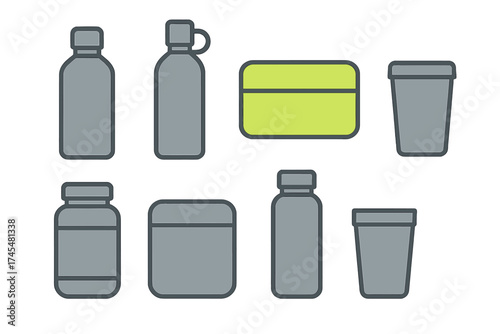 Minimalist set of reusable containers for supplements, hydration, and food storage for fitness