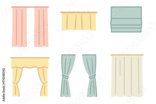 Set of colorful window curtains, drapes, valances, and Roman blinds