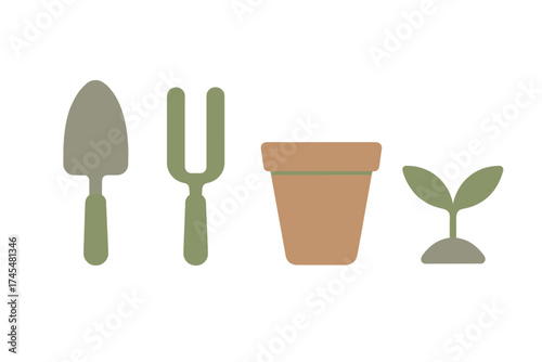 Minimalist set of gardening tools and supplies including shovel, fork, pot, and sprout