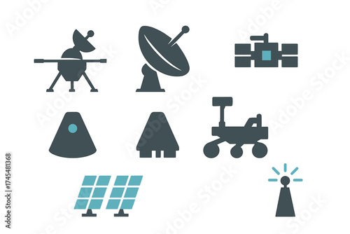 Space exploration technology elements including rover, satellite, and solar panels