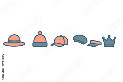 Diverse collection of headwear symbols featuring hats, caps, beanies, berets, and a royal crown
