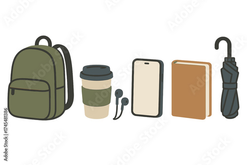 Collection of everyday essentials including backpack, coffee cup, smartphone, and book