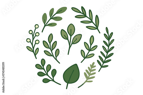 Stylized green leaves and branches forming a decorative circular wreath border