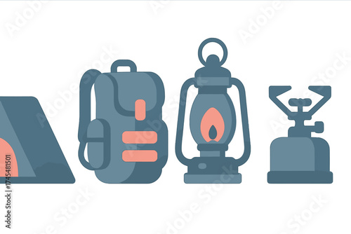 Essential outdoor camping equipment set with backpack lantern and portable stove