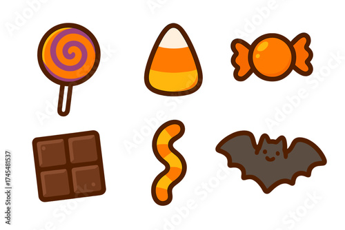 Cute Halloween sweets and spooky bat icons featuring lollipop candy corn and gummy worm