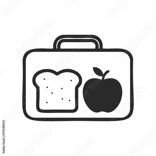 Black and white lunch box illustration with sandwich and apple