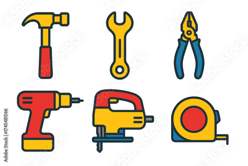 Colorful set of essential hand tools and power tools for construction and home repair