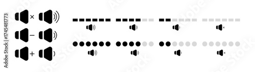 Set of volume control level vector black icons. Vector set with volume level from low to high. Sound balance.