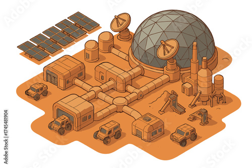 Isometric view of a futuristic space colony base on a red planet surface with habitat modules, solar panels, and rover vehicles