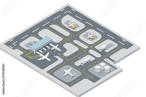 Isometric airport layout with aircraft parked at the terminal gate and ground support vehicles on the tarmac