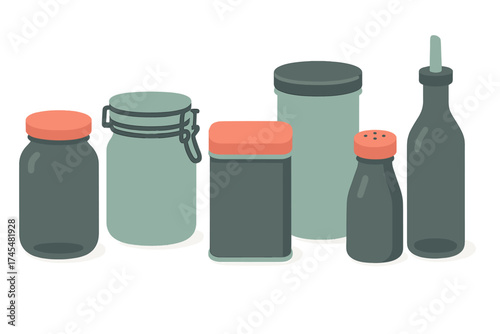 Collection of kitchen storage containers including jars bottles and spice shakers