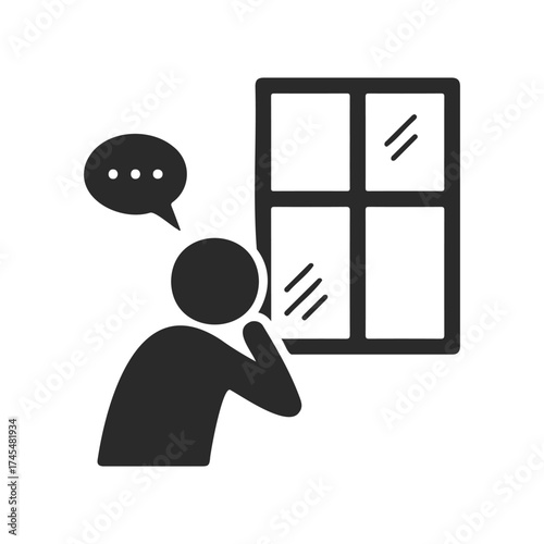 Silhouette of a person looking out a window with thought bubble icon